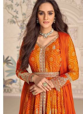 Designer chinon silk embroidered work wedding anarkali suit 4