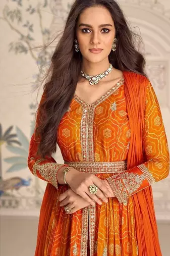 Designer chinon silk embroidered work wedding anarkali suit