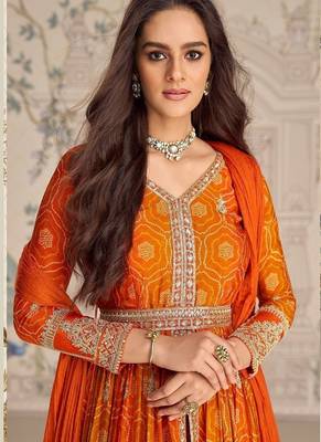 Designer chinon silk embroidered work wedding anarkali suit 5