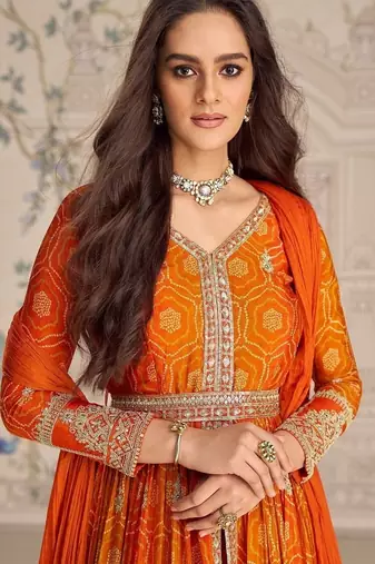 Designer chinon silk embroidered work wedding anarkali suit
