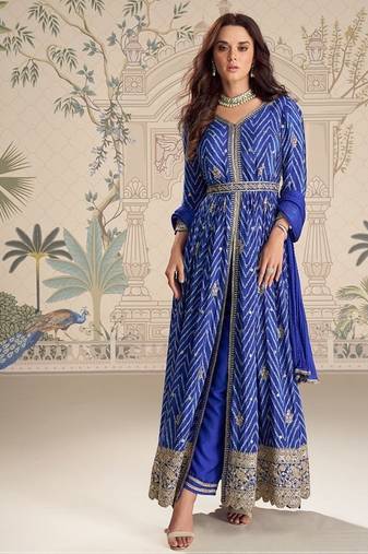 Designer chinon silk embroidered work wedding anarkali suit