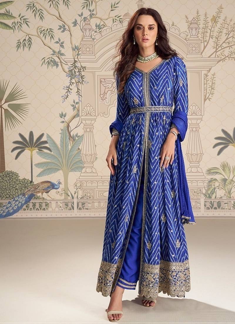 Designer chinon silk embroidered work wedding anarkali suit