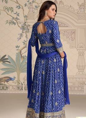 Designer chinon silk embroidered work wedding anarkali suit 2