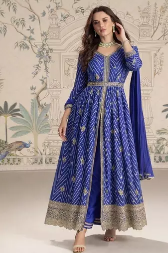 Designer chinon silk embroidered work wedding anarkali suit