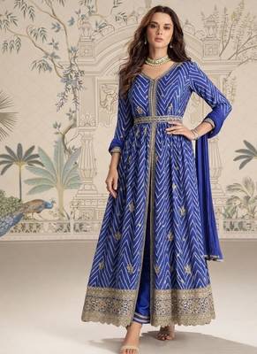 Designer chinon silk embroidered work wedding anarkali suit 4