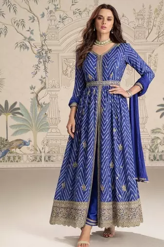 Designer chinon silk embroidered work wedding anarkali suit