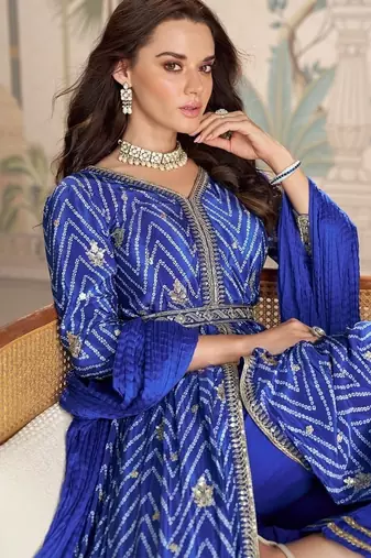 Designer chinon silk embroidered work wedding anarkali suit