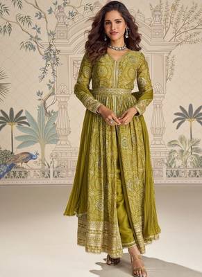 Designer chinon silk embroidered work wedding anarkali suit 1