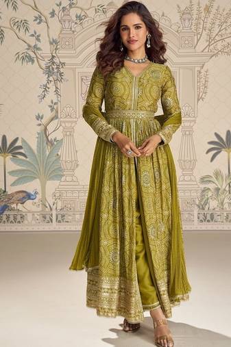 Designer chinon silk embroidered work wedding anarkali suit