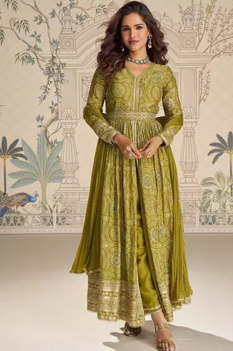 Designer chinon silk embroidered work wedding anarkali suit