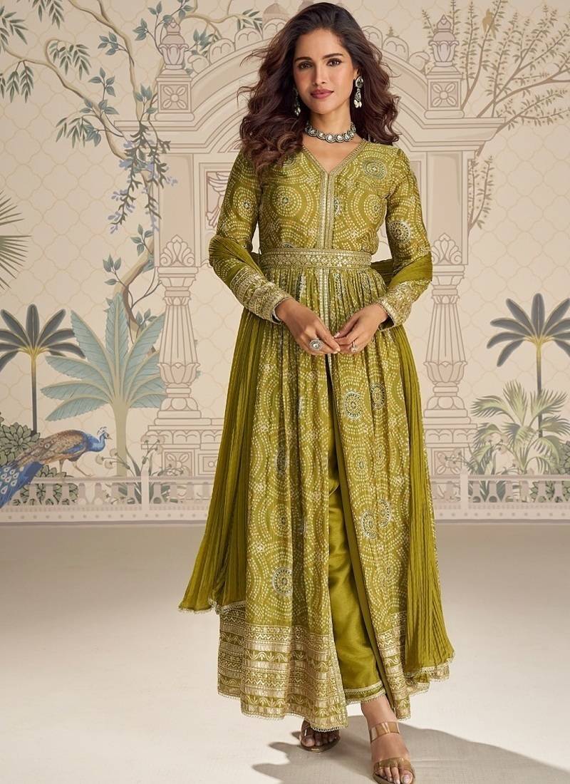 Designer chinon silk embroidered work wedding anarkali suit