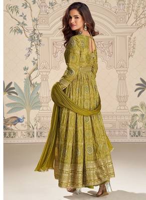 Designer chinon silk embroidered work wedding anarkali suit 2