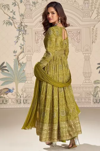 Designer chinon silk embroidered work wedding anarkali suit