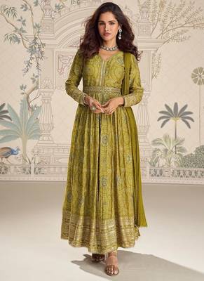 Designer chinon silk embroidered work wedding anarkali suit 3