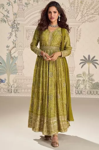 Designer chinon silk embroidered work wedding anarkali suit