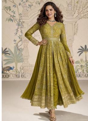 Designer chinon silk embroidered work wedding anarkali suit 4
