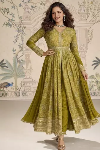 Designer chinon silk embroidered work wedding anarkali suit