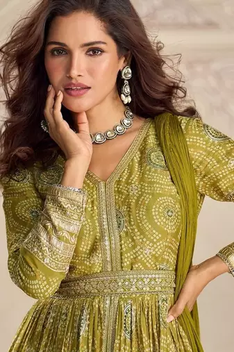 Designer chinon silk embroidered work wedding anarkali suit