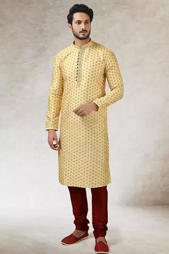 Yellow art silk straight kurta for men