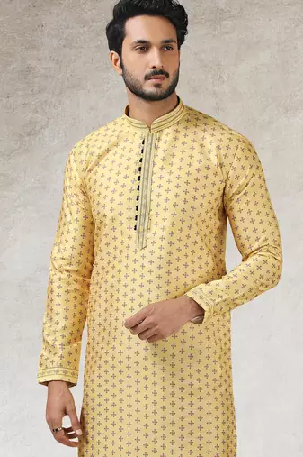 Yellow art silk straight kurta for men