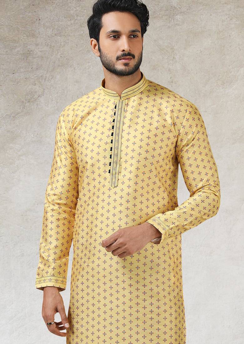 Yellow art silk straight kurta for men