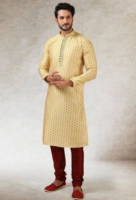 Yellow art silk straight kurta for men 3
