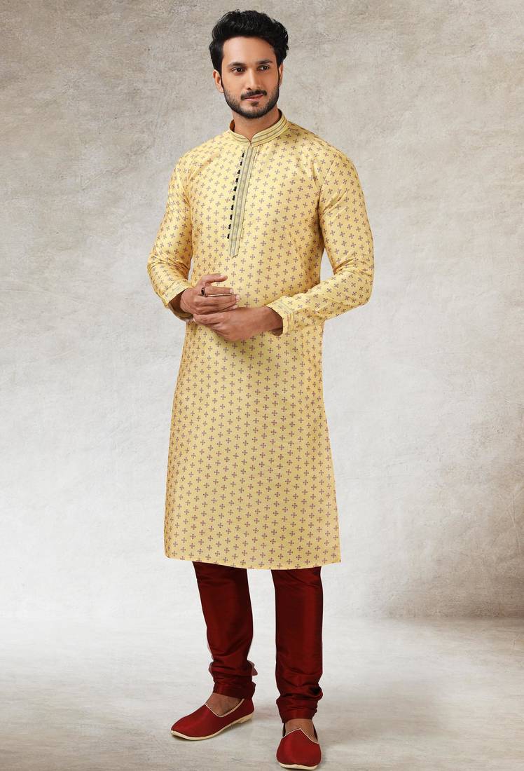 Yellow art silk straight kurta for men