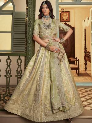 Rich Pista Green Heavy Embroidery Banarasi Silk Wedding Wear Lehenga With Blouse 1