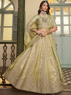 Rich Pista Green Heavy Embroidery Banarasi Silk Wedding Wear Lehenga With Blouse 2