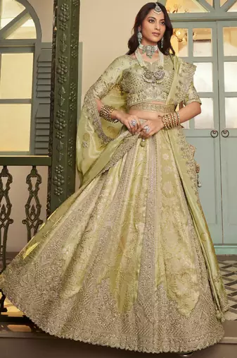 Rich Pista Green Heavy Embroidery Banarasi Silk Wedding Wear Lehenga With Blouse