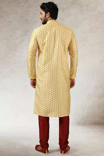 Yellow art silk straight kurta for men