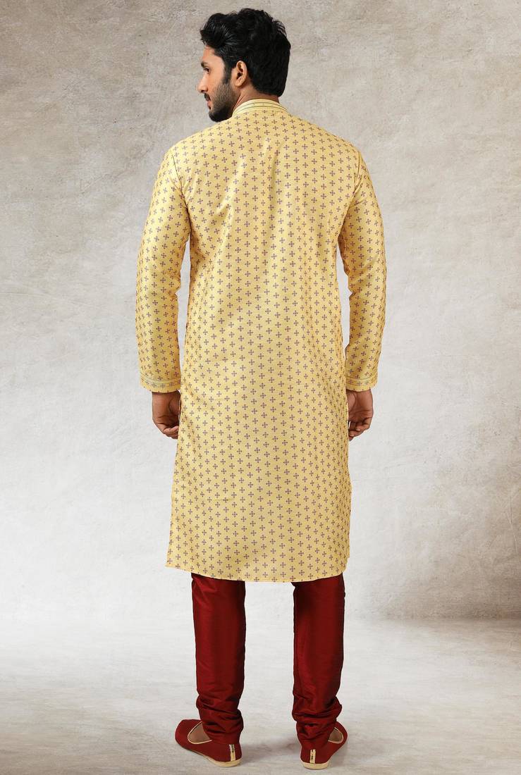 Yellow art silk straight kurta for men