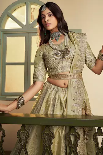 Rich Pista Green Heavy Embroidery Banarasi Silk Wedding Wear Lehenga With Blouse