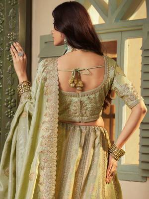 Rich Pista Green Heavy Embroidery Banarasi Silk Wedding Wear Lehenga With Blouse 4