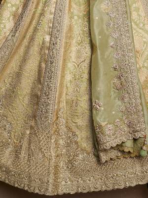 Rich Pista Green Heavy Embroidery Banarasi Silk Wedding Wear Lehenga With Blouse 5
