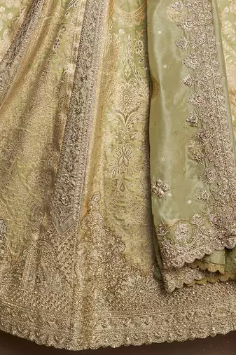 Rich Pista Green Heavy Embroidery Banarasi Silk Wedding Wear Lehenga With Blouse