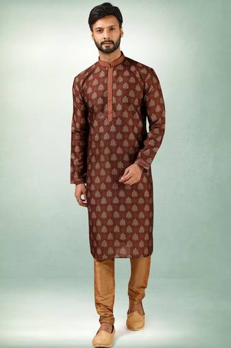 Brown art silk straight kurta for men