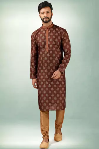Brown art silk straight kurta for men