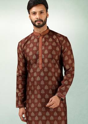 Brown art silk straight kurta for men 2