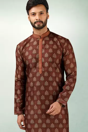 Brown art silk straight kurta for men