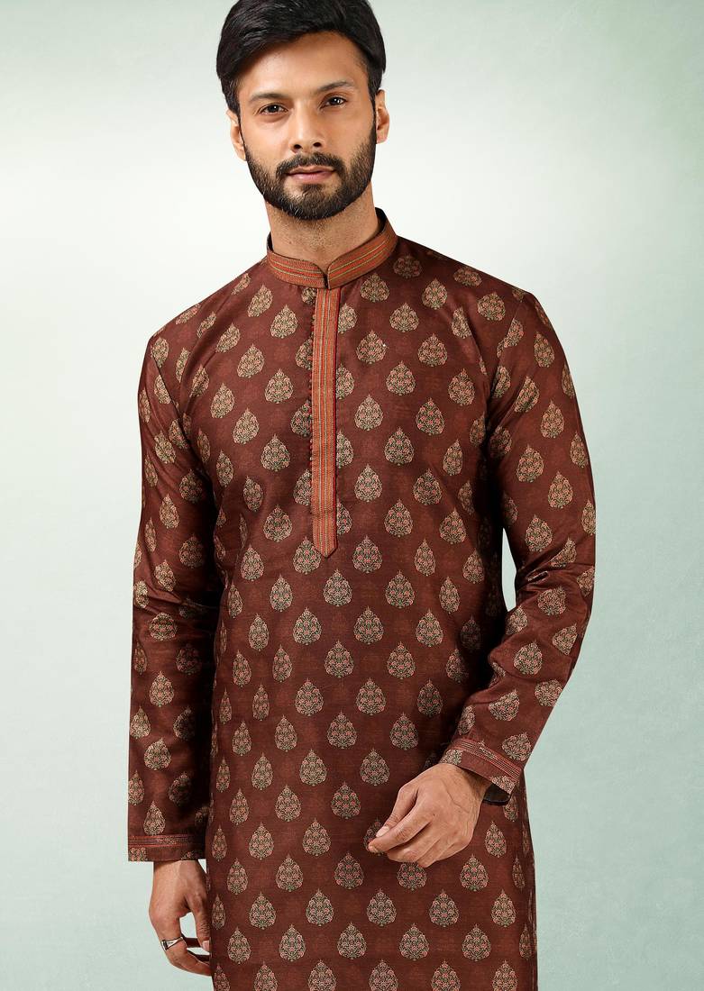 Brown art silk straight kurta for men