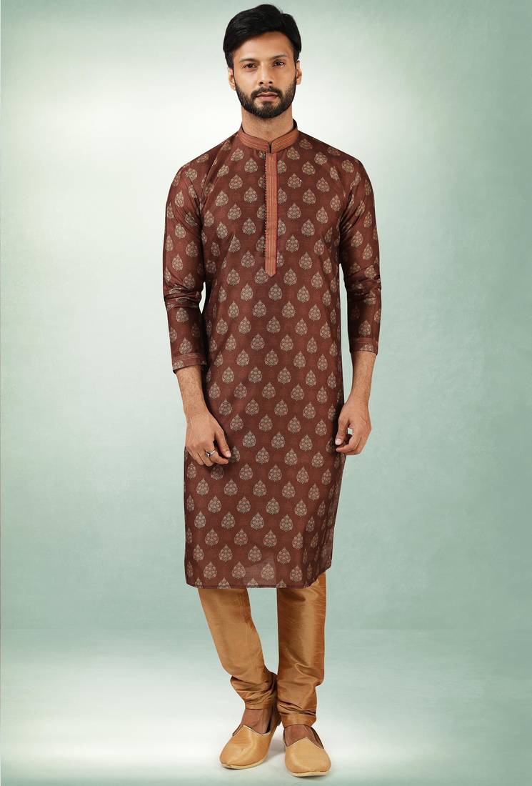 Brown art silk straight kurta for men