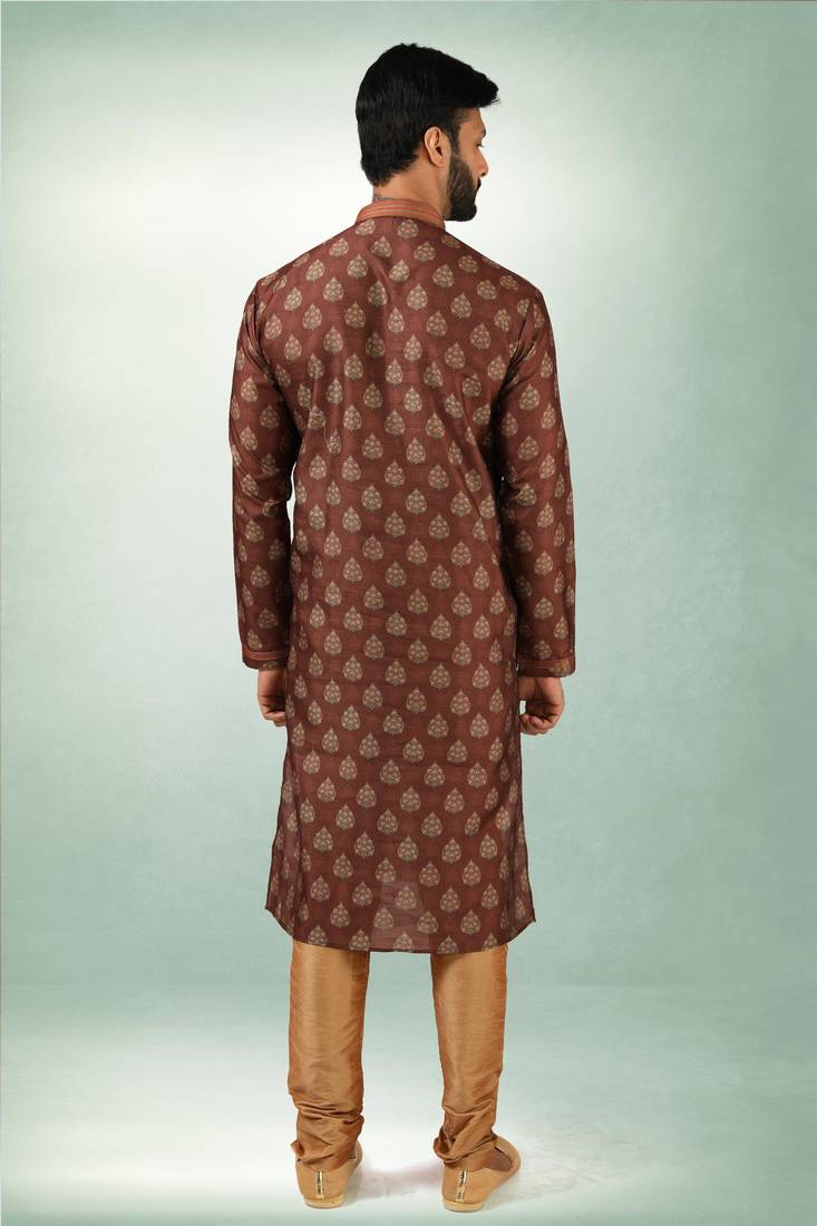 Brown art silk straight kurta for men