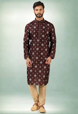 Brown art silk straight kurta for men 1