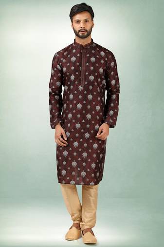 Brown art silk straight kurta for men