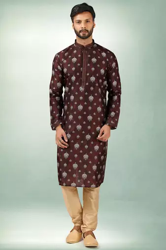 Brown art silk straight kurta for men