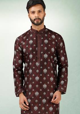 Brown art silk straight kurta for men 2