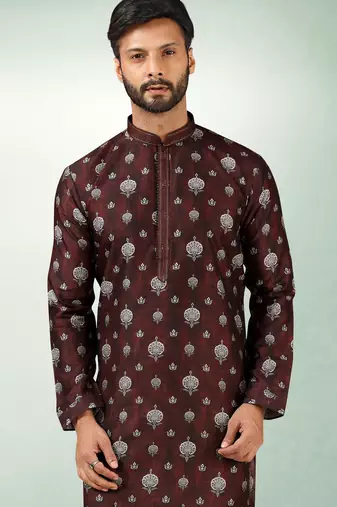 Brown art silk straight kurta for men