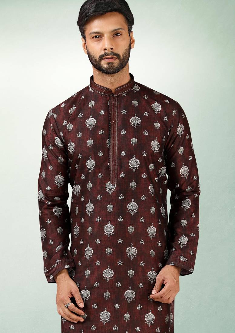 Brown art silk straight kurta for men