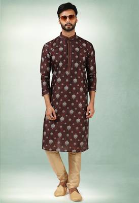 Brown art silk straight kurta for men 3